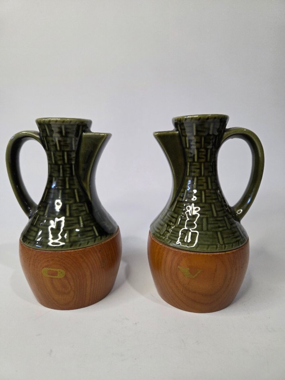Vintage MCM ceramic and wood oil and vinegar olive green cruets